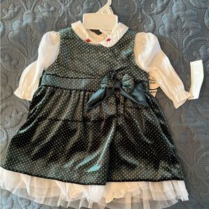 Infant 3-piece Polka Dot Dress with white underlay and matching hair bow.